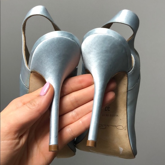 Baby blue satin peep toe bootie - Picture 2 of 5